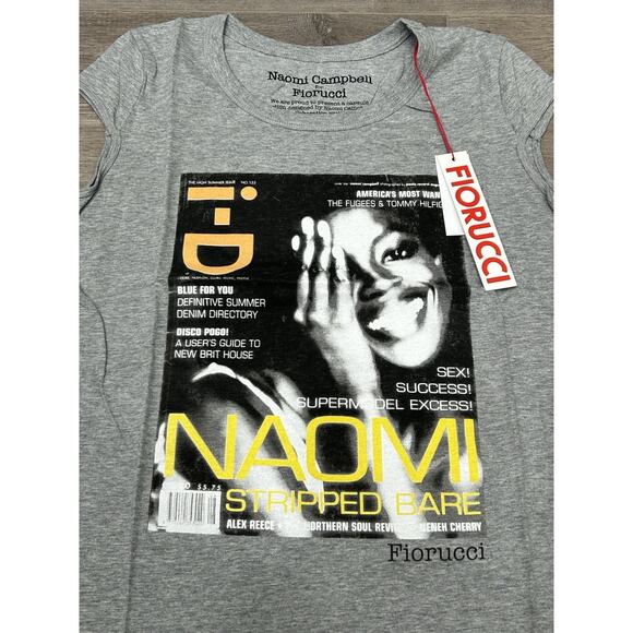 NWT FIORUCCI Gray Naomi Campbell Printed Graphic T-Shirt Cap Sleeve Size Large - Picture 2 of 9